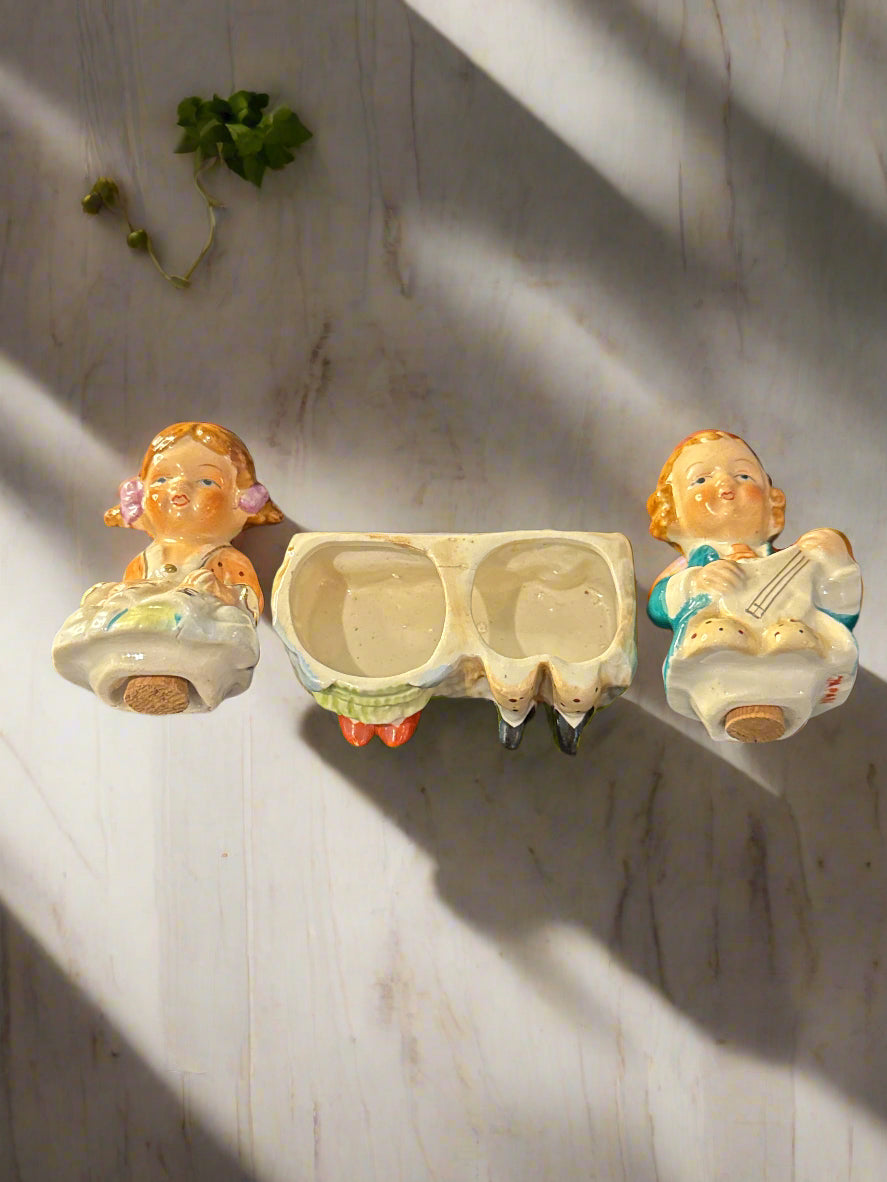 Ceramic Vintage Boy and Girl Salt & Pepper Shakers 3 Pieces with Stand 3" Tall