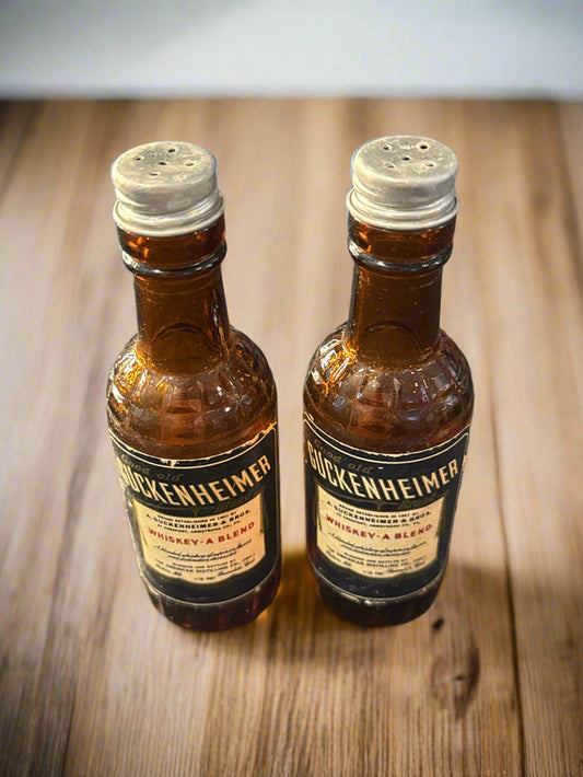 Guckenheimer Whiskey Blend Salt & Pepper Shakers Glass Bottles Pekin, IL Clean 4.75" Tall