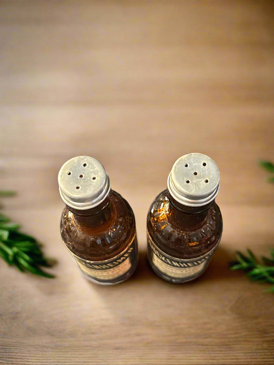 Guckenheimer Whiskey Blend Salt & Pepper Shakers Glass Bottles Pekin, IL Clean 4.75" Tall