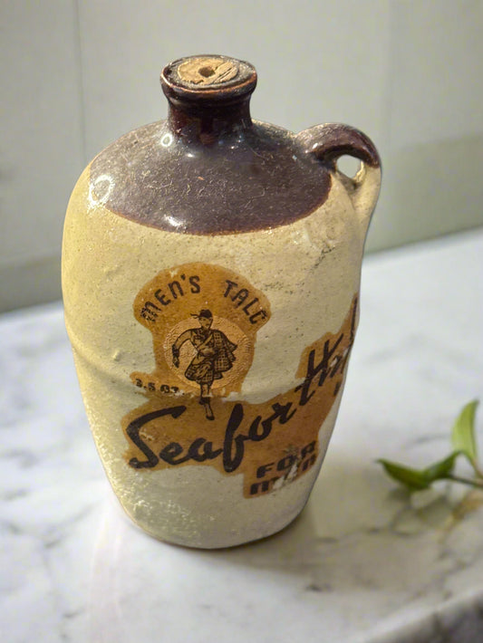 Vintage Seaforth Men's Hair Dressing Talc Bottle Jug 4" Tall Bathroom Home Decor