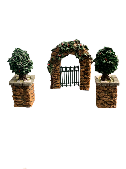 Dept. 56 Vintage Dickens Village Stone Corner Posts with Holly Tree and Stone Arch #52648