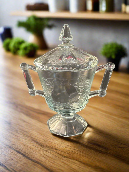 Baltimore Pear Clear by Jeannette Sugar Bowl and Lid Glass 6 5/8" Tall 3.75" Wide