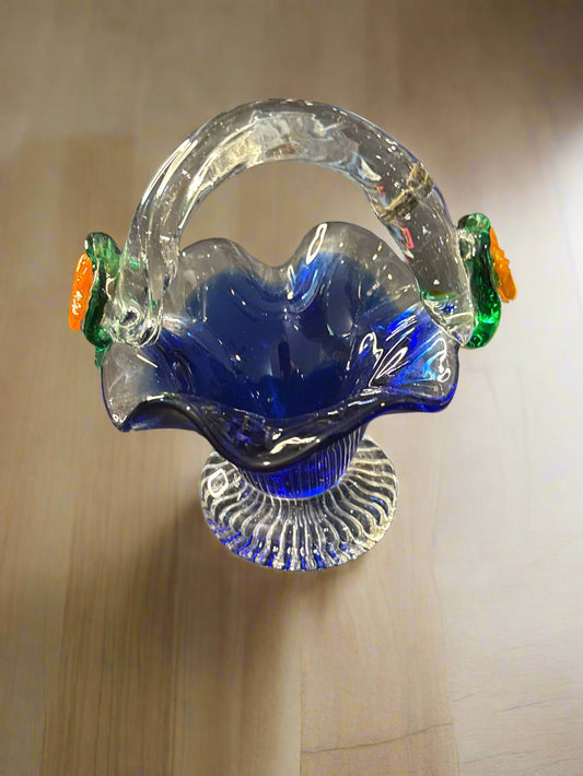 Vintage Hand Blown Cobalt Glass Small Basket Murano Style w/ Flowers 4.5" Tall