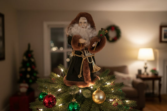 Vintage Santa Clause Father Christmas Tree Topper with Trumpet 13" Decorative Holiday