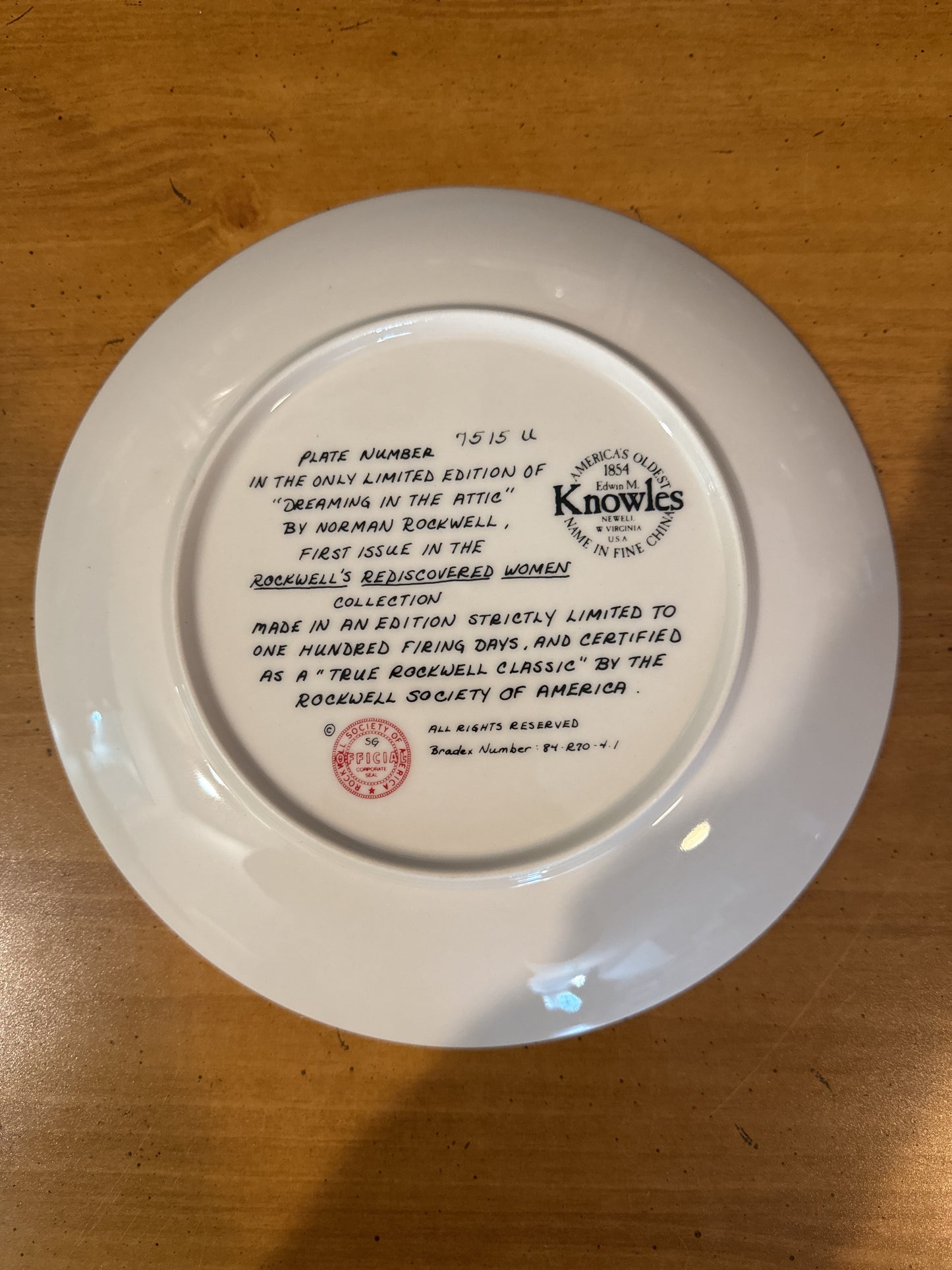Knowles Norman Rockwell "Dreaming In The Attic" Collector's Plate 8.5" Wide Plate # 7515U