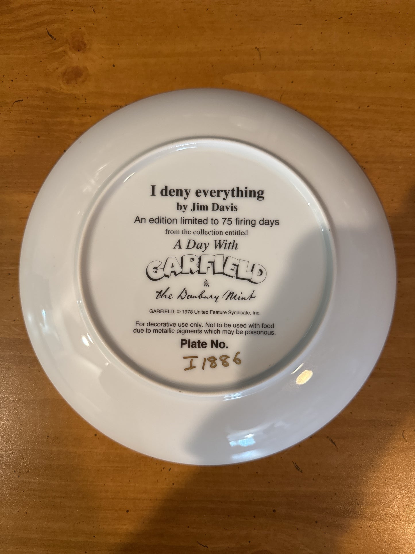 Garfield Collector's Plate by Danbury Mint "I Deny Everything" 8.25" Wide Plate #I1886 Jim Davis