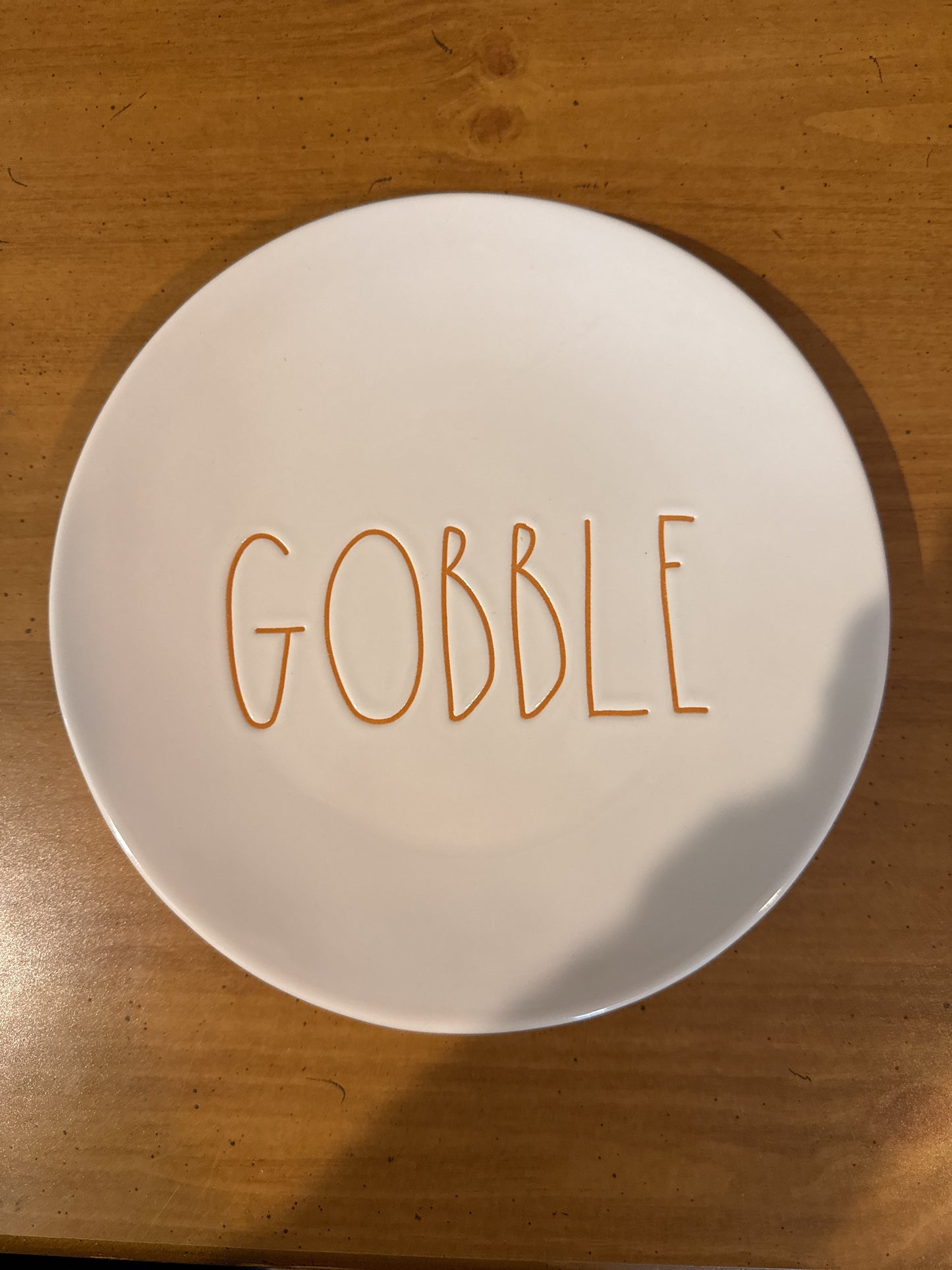 Rae Dunn 8.25" Wide Plate "Gobble" White With Orange Letters