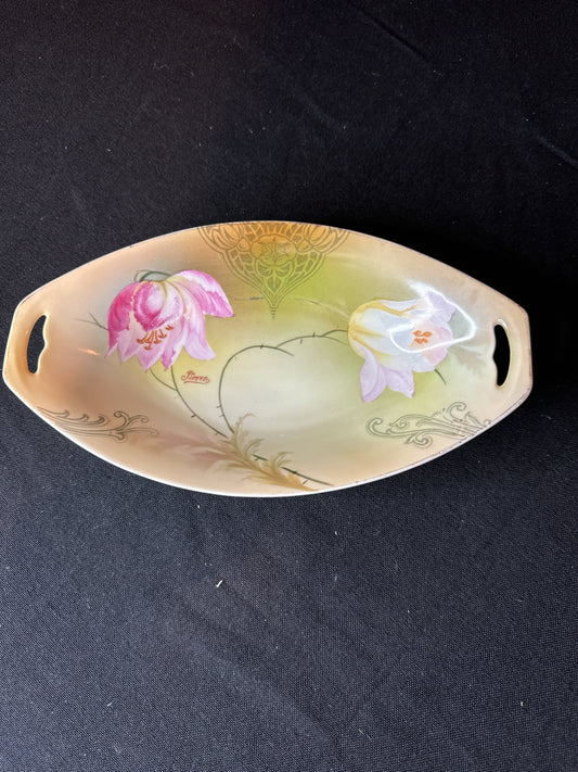 Vintage PSRG Bavaria Porcelain Relish Dish White and Pink Roses Hand Painted 8.25" Long