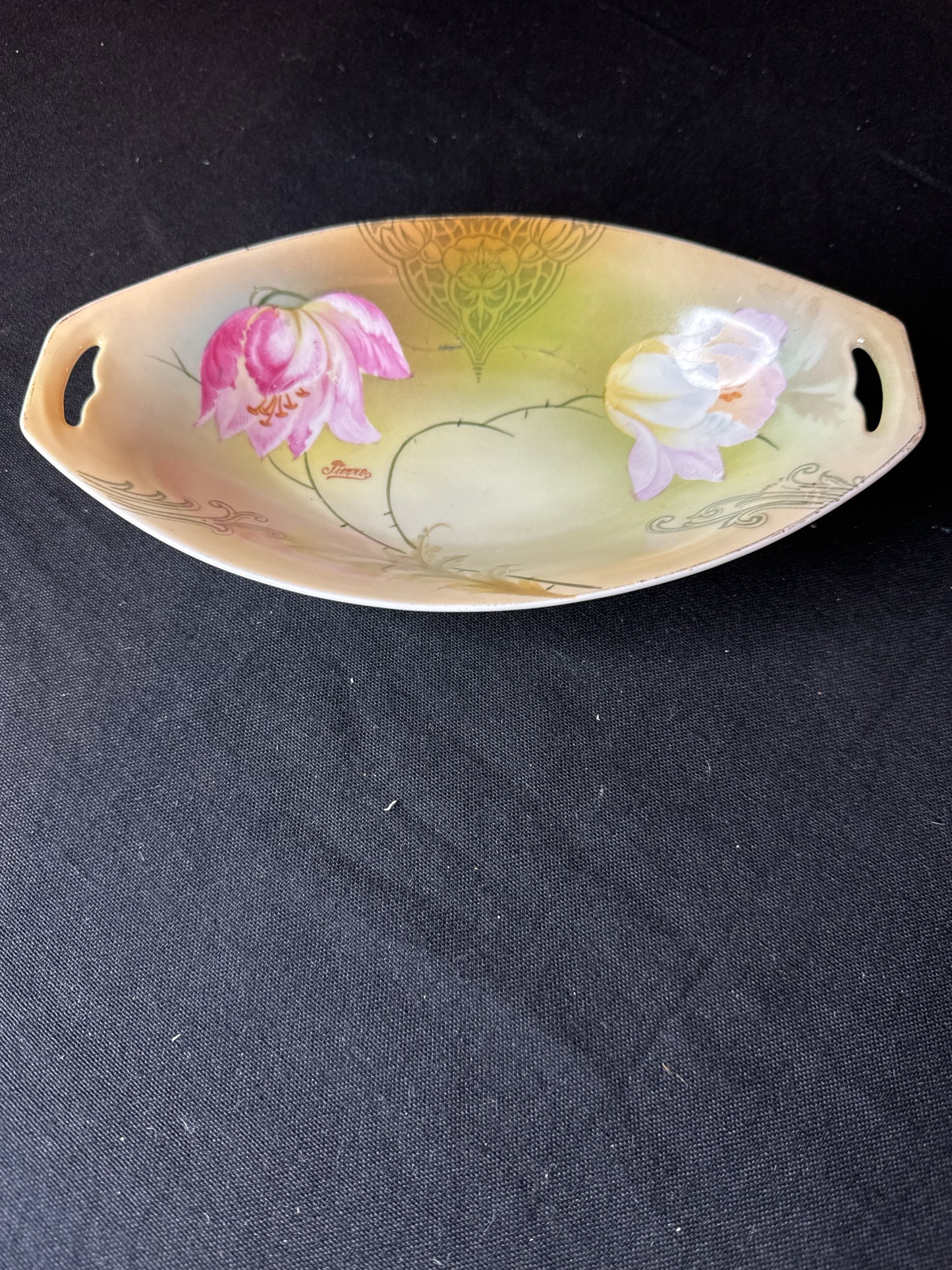 Vintage PSRG Bavaria Porcelain Relish Dish White and Pink Roses Hand Painted 8.25" Long