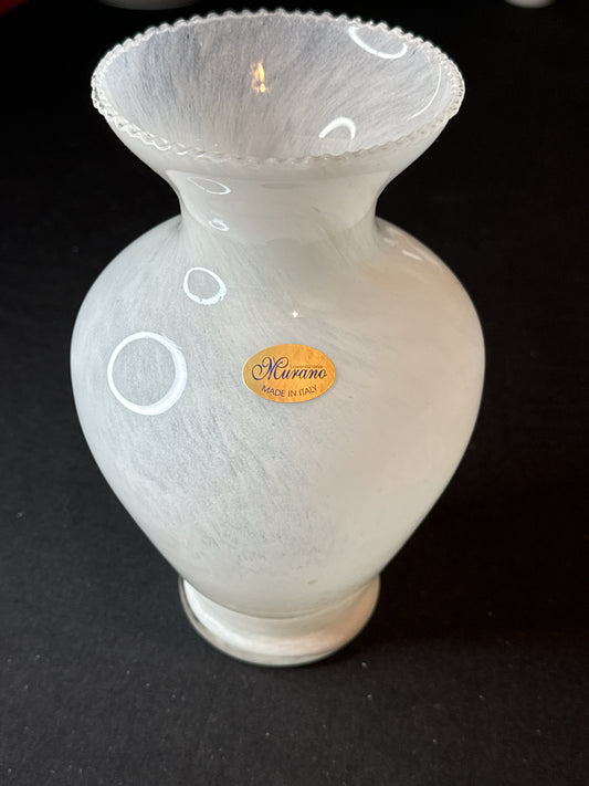 Murano White Vintage Opaque Lavorazione Style Bouquet Vase 8.5" Tall