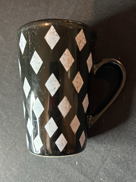 Royal Norfolk Black Stoneware Mug Black and Silver Diamond Pattern 4.75" Tall