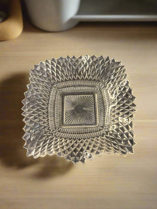 Vintage Clear Federal Depression Glass Square Ruffled Edges Diamond Candy Dish 7" Wide