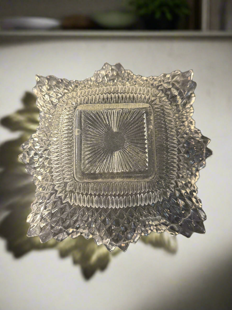 Vintage Clear Federal Depression Glass Square Ruffled Edges Diamond Candy Dish 7" Wide