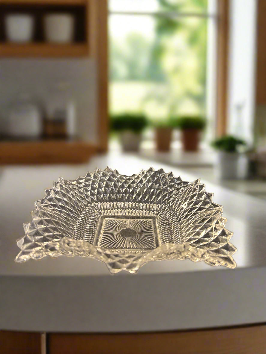 Vintage Clear Federal Depression Glass Square Ruffled Edges Diamond Candy Dish 7" Wide