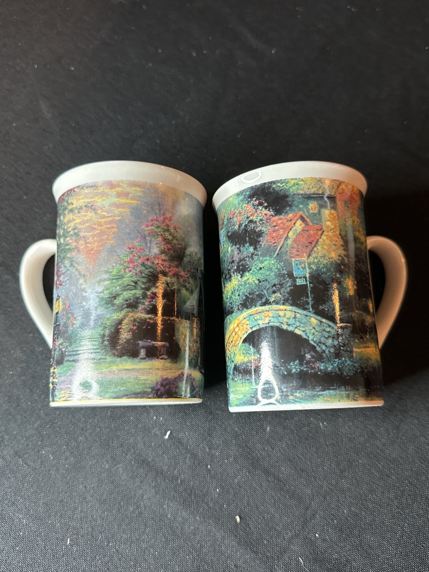 Pair of Thomas Kincade Coffee/Tea Cups 8oz 4" Tall Lamplight Village 1995 Stillwater Cottage 2005