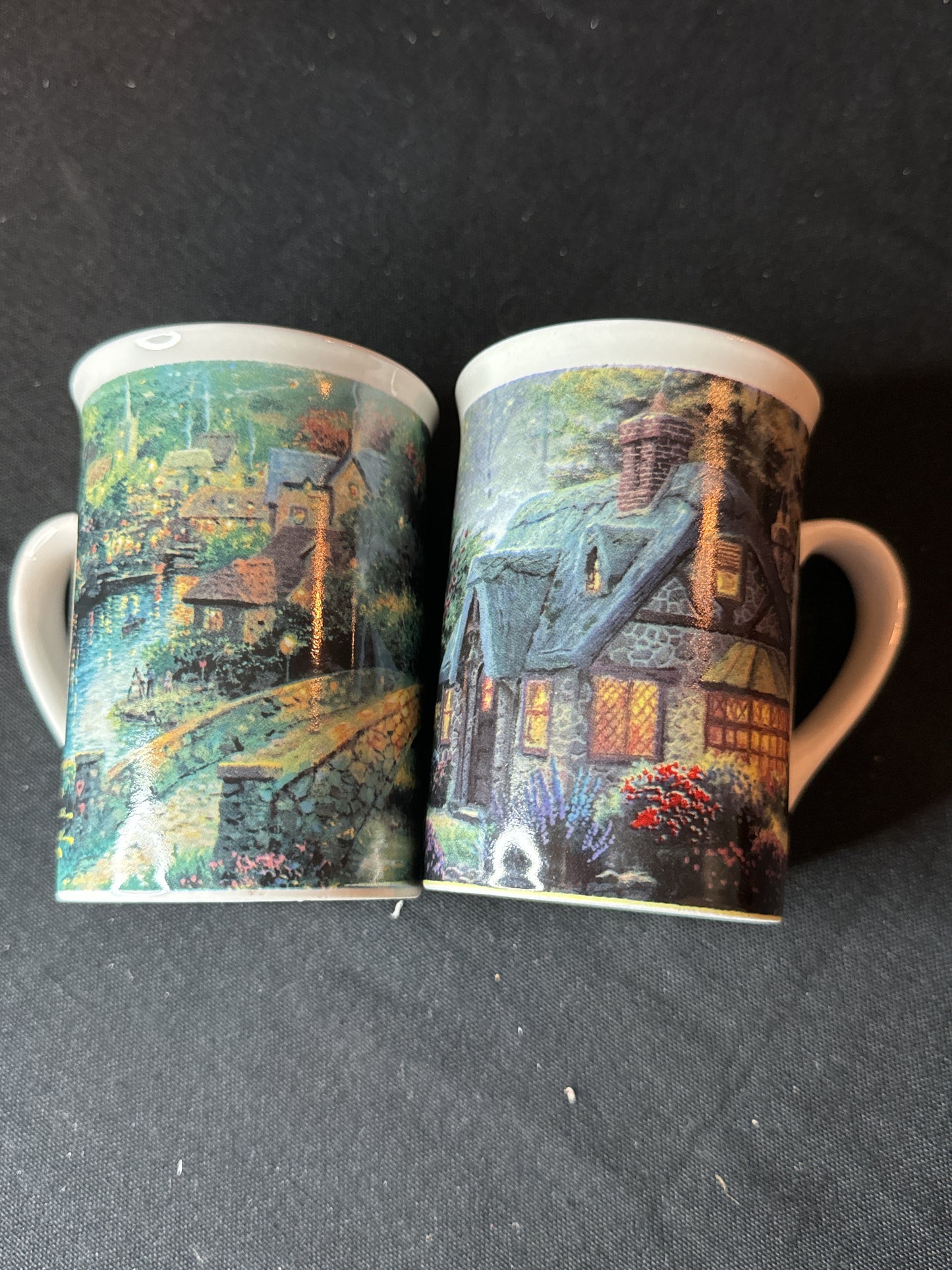 Pair of Thomas Kincade Coffee/Tea Cups 8oz 4" Tall Lamplight Village 1995 Stillwater Cottage 2005