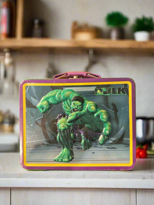 The Hulk 3-D Embossed Lunchbox Green Purple Yellow 7 5/8" W x 6" T x 2.75" D