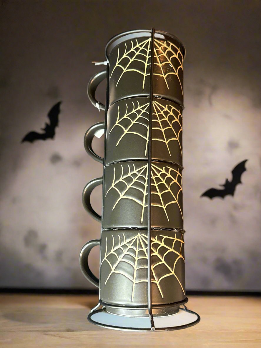 4 Piece Plus Rack 12oz Halloween Spider Web Coffee Mugs Ceramic Stacking New with Tags