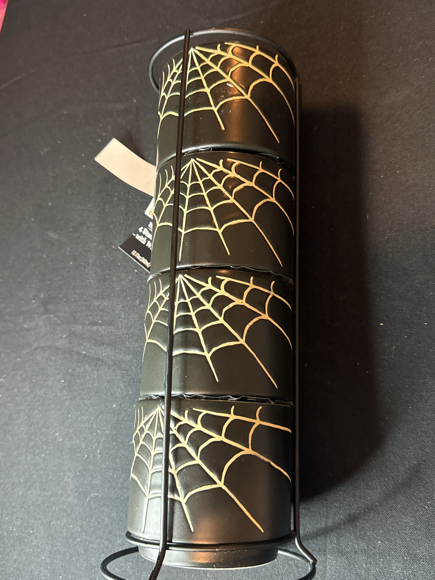 4 Piece Plus Rack 12oz Halloween Spider Web Coffee Mugs Ceramic Stacking New with Tags