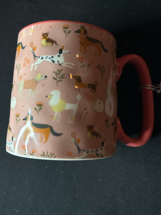 10 Strawberry Street Multicolor Dogs Pink Coffee Mug Ceramic 16oz New with Tags