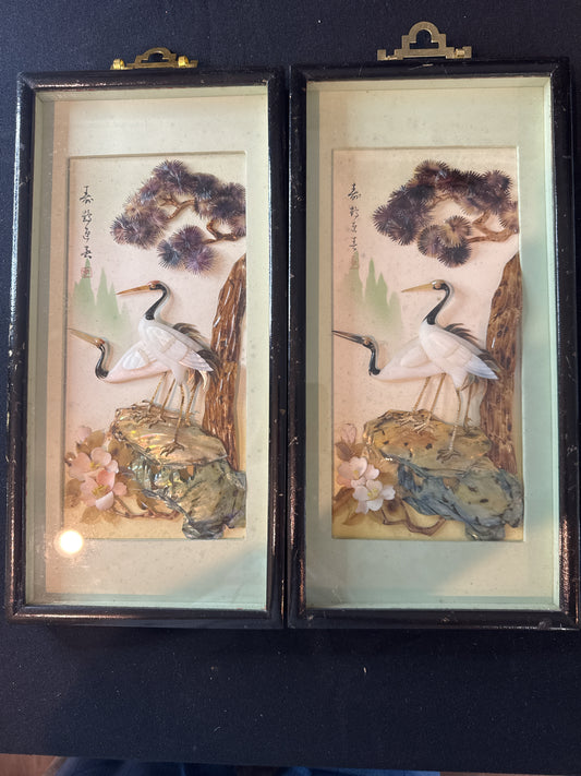 Pair of Japanese Art Pictures Mother of Pearl Decor Cranes Pines Frames 14" x 7" Each