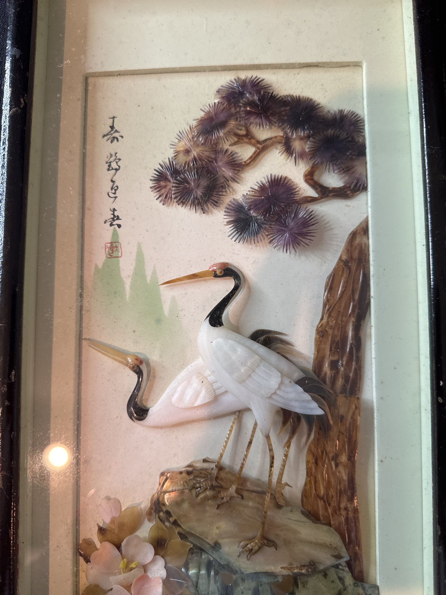 Pair of Japanese Art Pictures Mother of Pearl Decor Cranes Pines Frames 14" x 7" Each