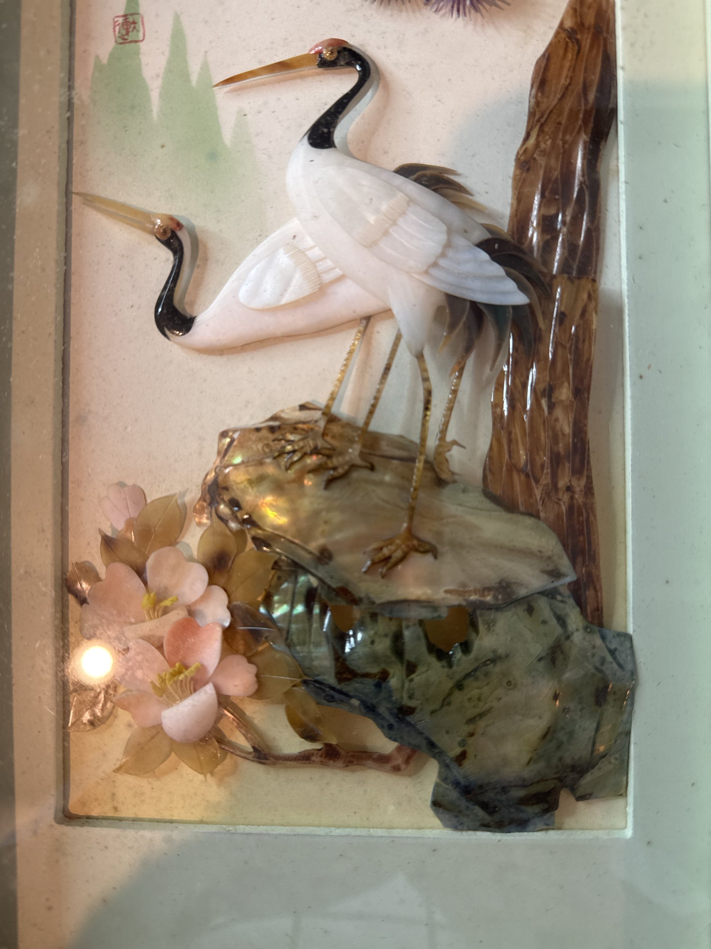 Pair of Japanese Art Pictures Mother of Pearl Decor Cranes Pines Frames 14" x 7" Each