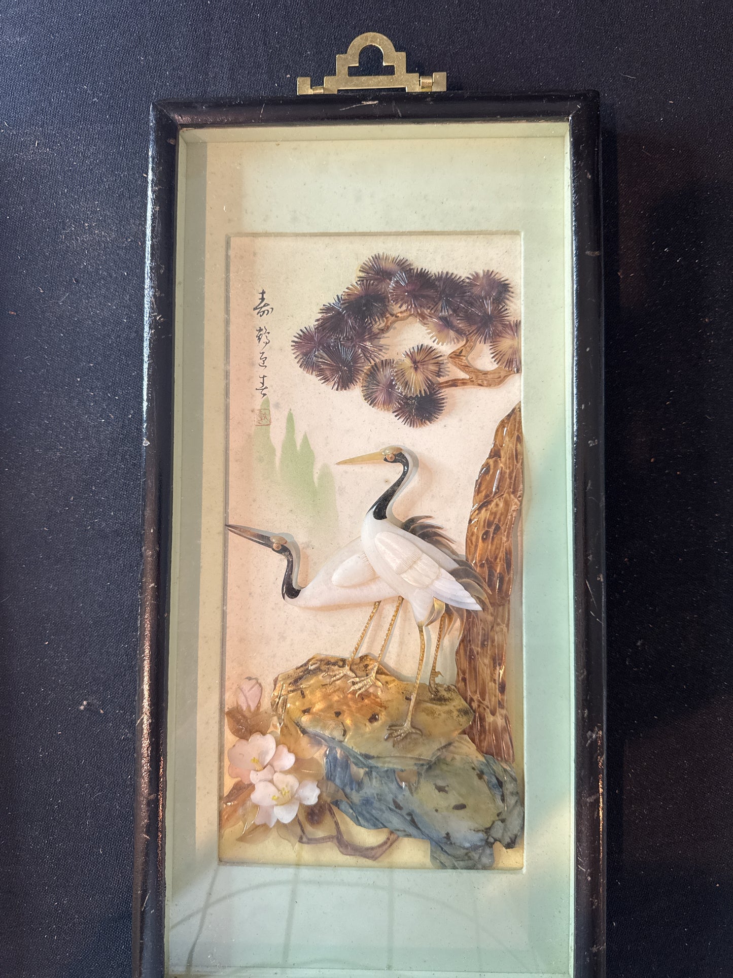 Pair of Japanese Art Pictures Mother of Pearl Decor Cranes Pines Frames 14" x 7" Each