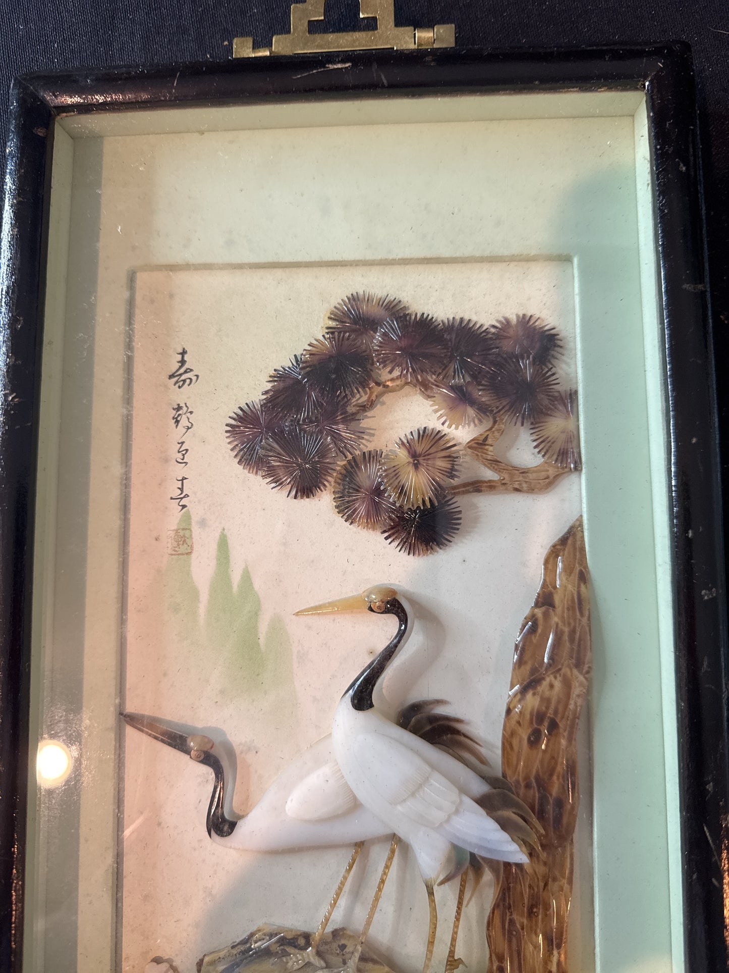 Pair of Japanese Art Pictures Mother of Pearl Decor Cranes Pines Frames 14" x 7" Each