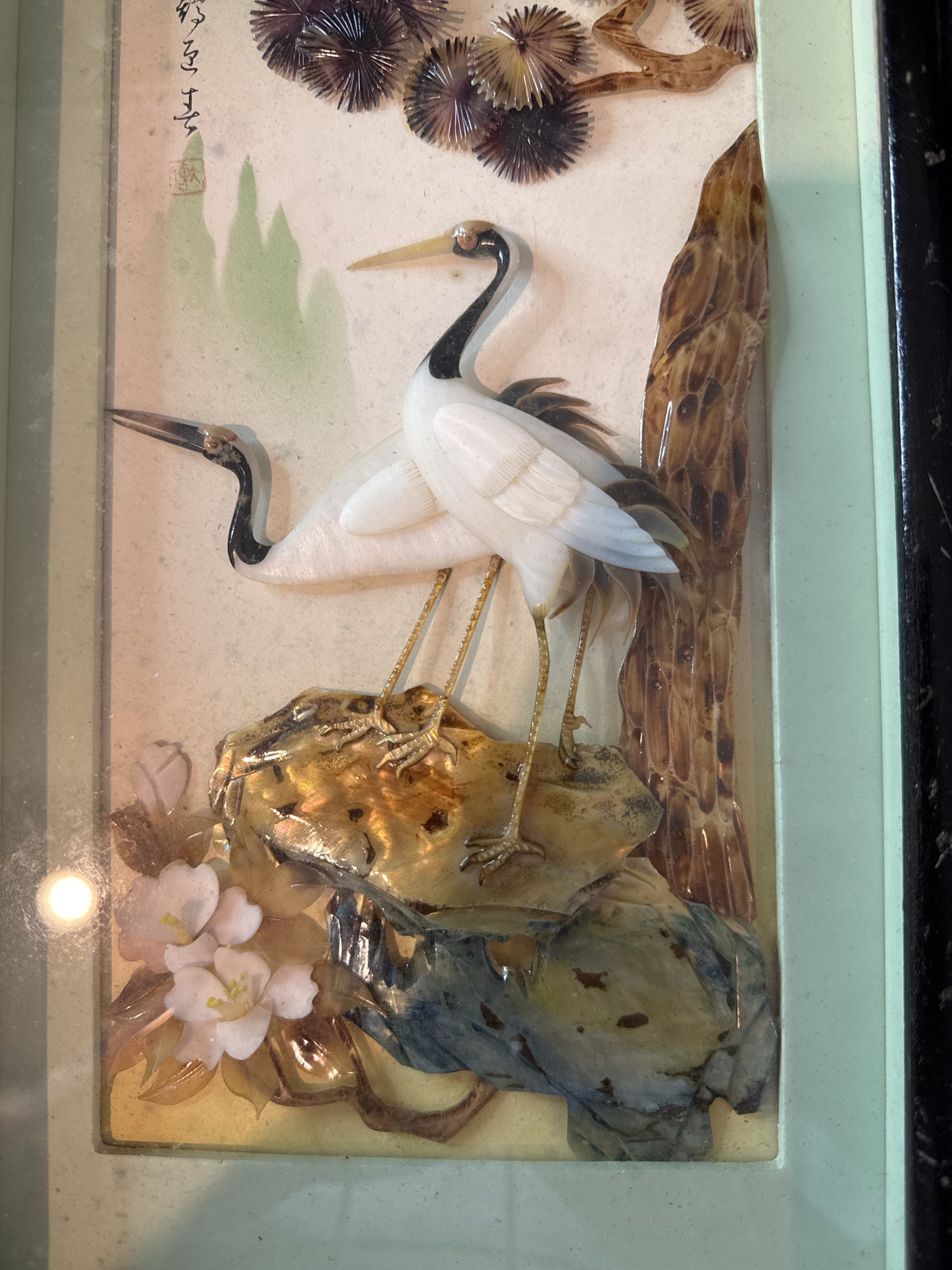 Pair of Japanese Art Pictures Mother of Pearl Decor Cranes Pines Frames 14" x 7" Each