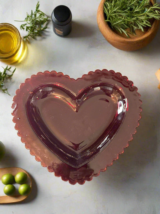 Hallmark Decorative Red Heart Glass Trinket Dish - Glows Amberina Color Under UV Light