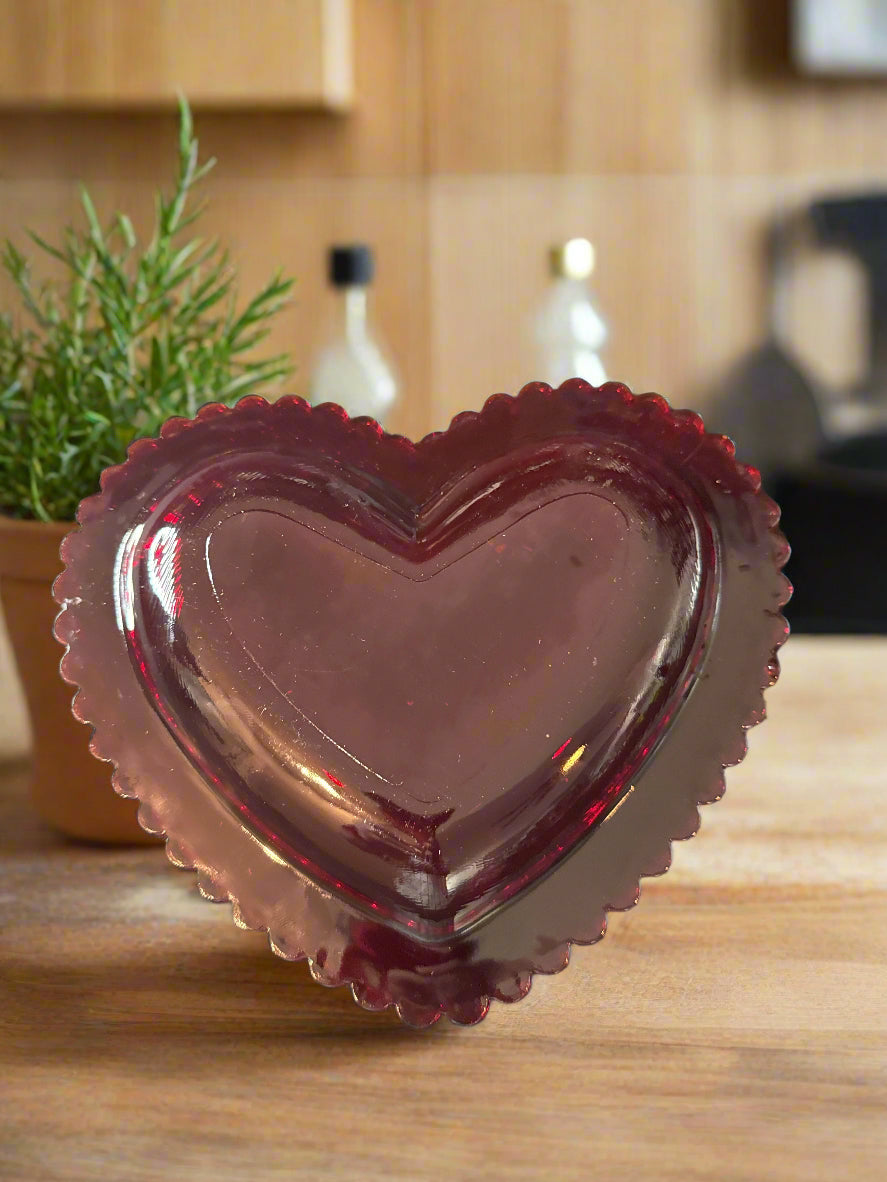 Hallmark Decorative Red Heart Glass Trinket Dish - Glows Amberina Color Under UV Light
