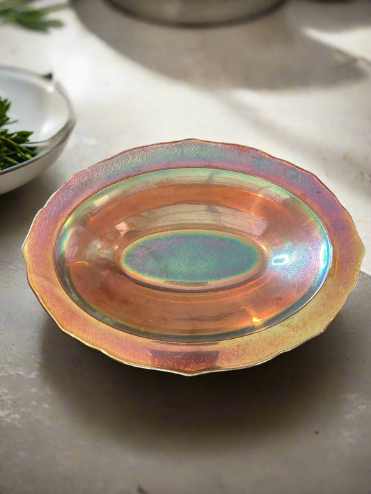 Jeannette Louisa Iridescent Floragold Ruffled Marigold Carnival Glass Bowl 10 x 7