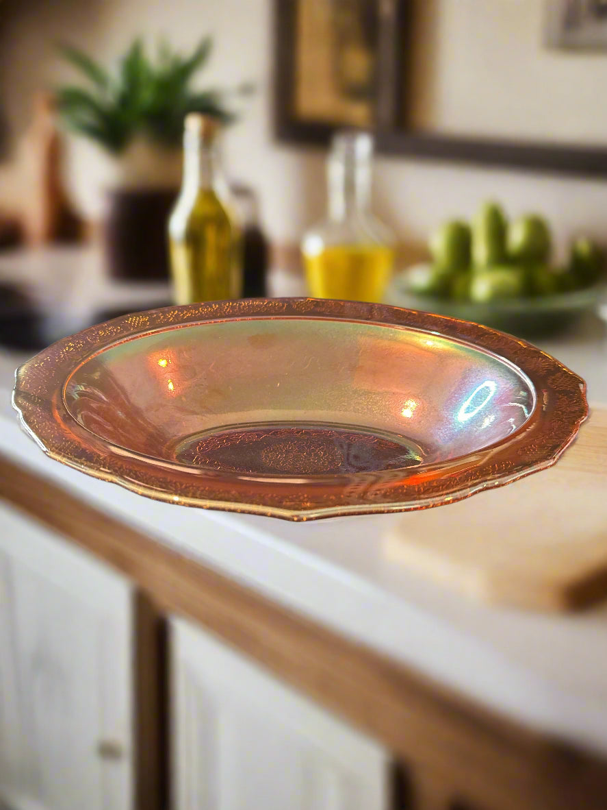 Jeannette Louisa Iridescent Floragold Ruffled Marigold Carnival Glass Bowl 10 x 7