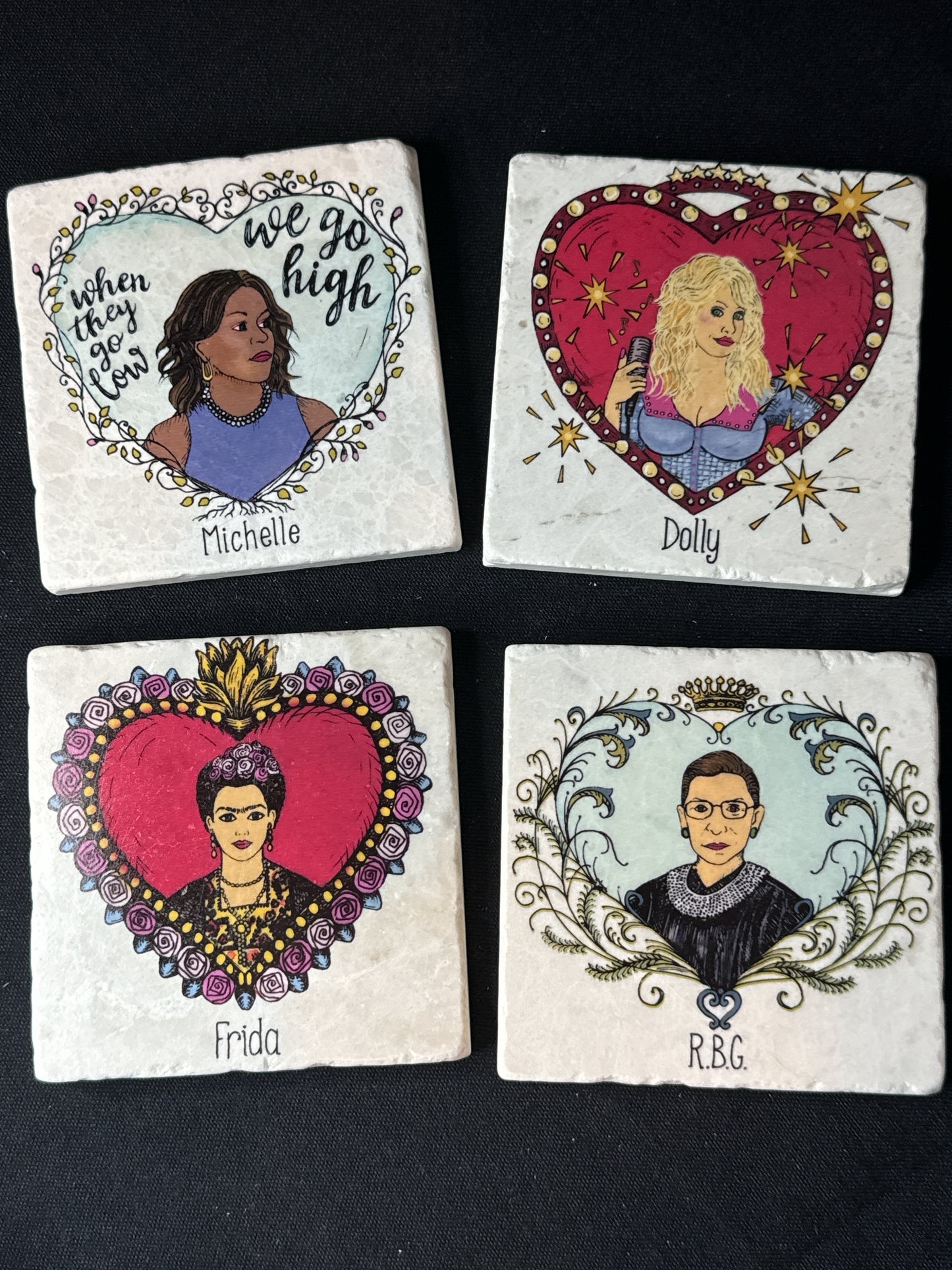 Karla Gudeon Art Design Them's My Girls Coaster Set (4) RBG, Frida, Dolly, Michelle in Box