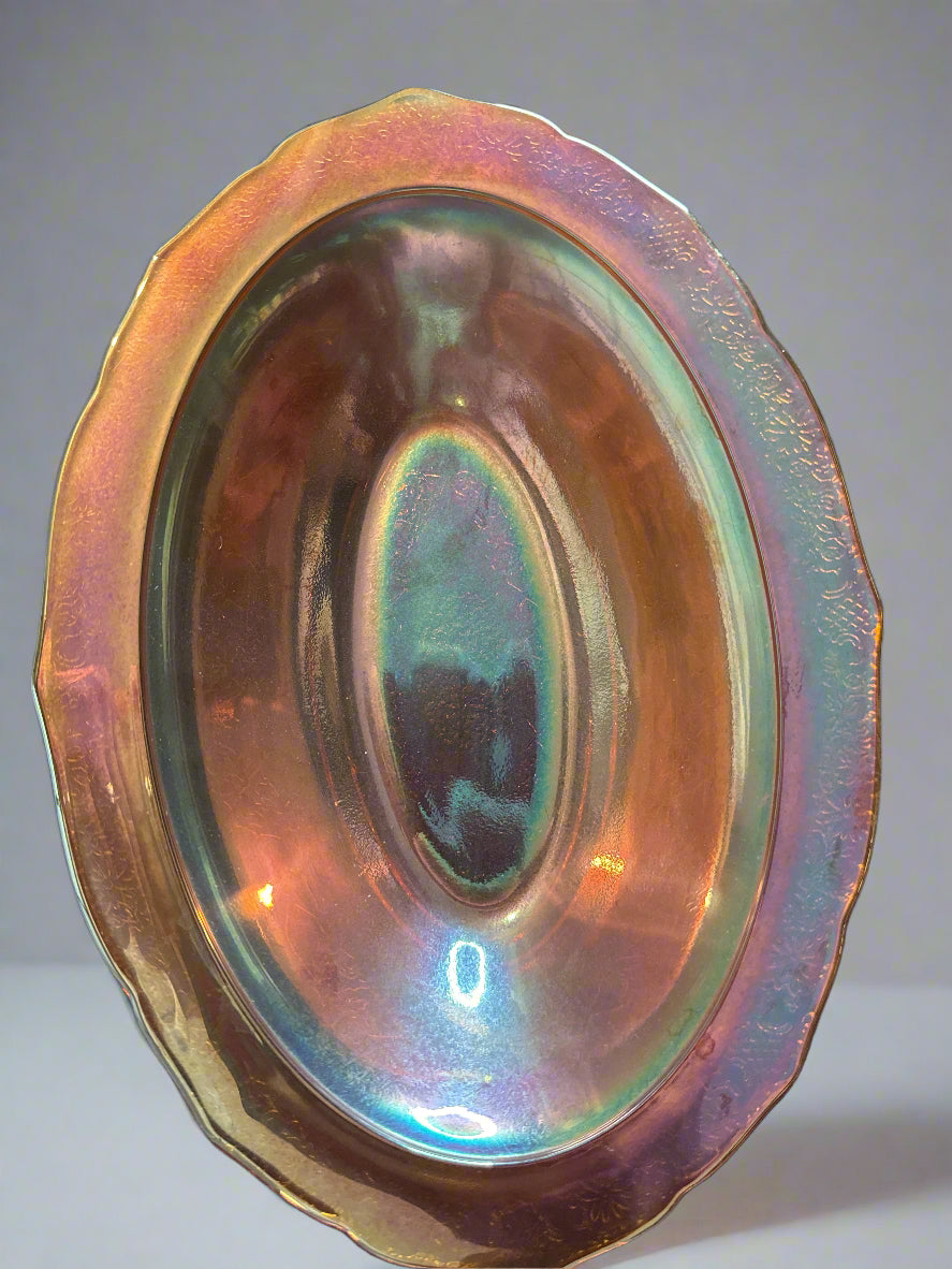 Jeannette Louisa Iridescent Floragold Ruffled Marigold Carnival Glass Bowl 10 x 7