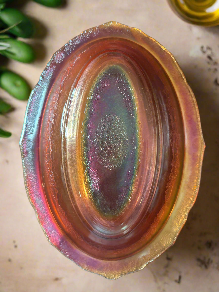 Jeannette Louisa Iridescent Floragold Ruffled Marigold Carnival Glass Bowl 10 x 7