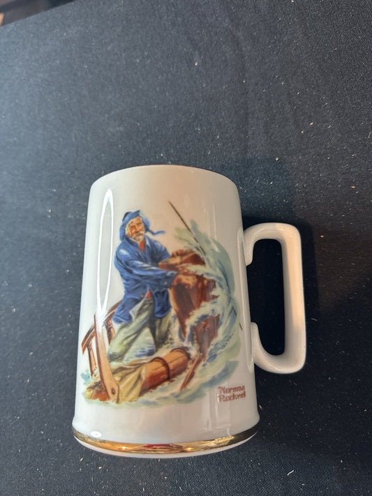 Vintage Norman Rockwell Braving the Storm Fisherman Waves Coffee Mug Cup 4.5" Tall