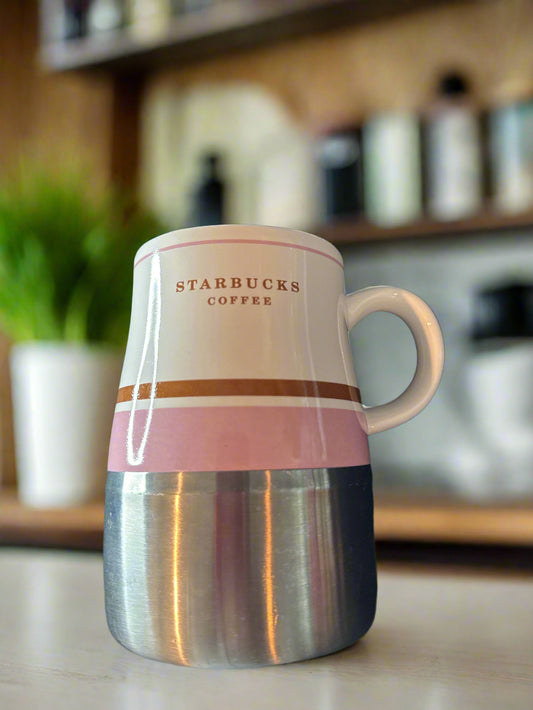 Starbucks 2006 Pink & Brown Stripe Stainless Steel Bottom & Ceramic Coffee Cup Mug 5" Tall