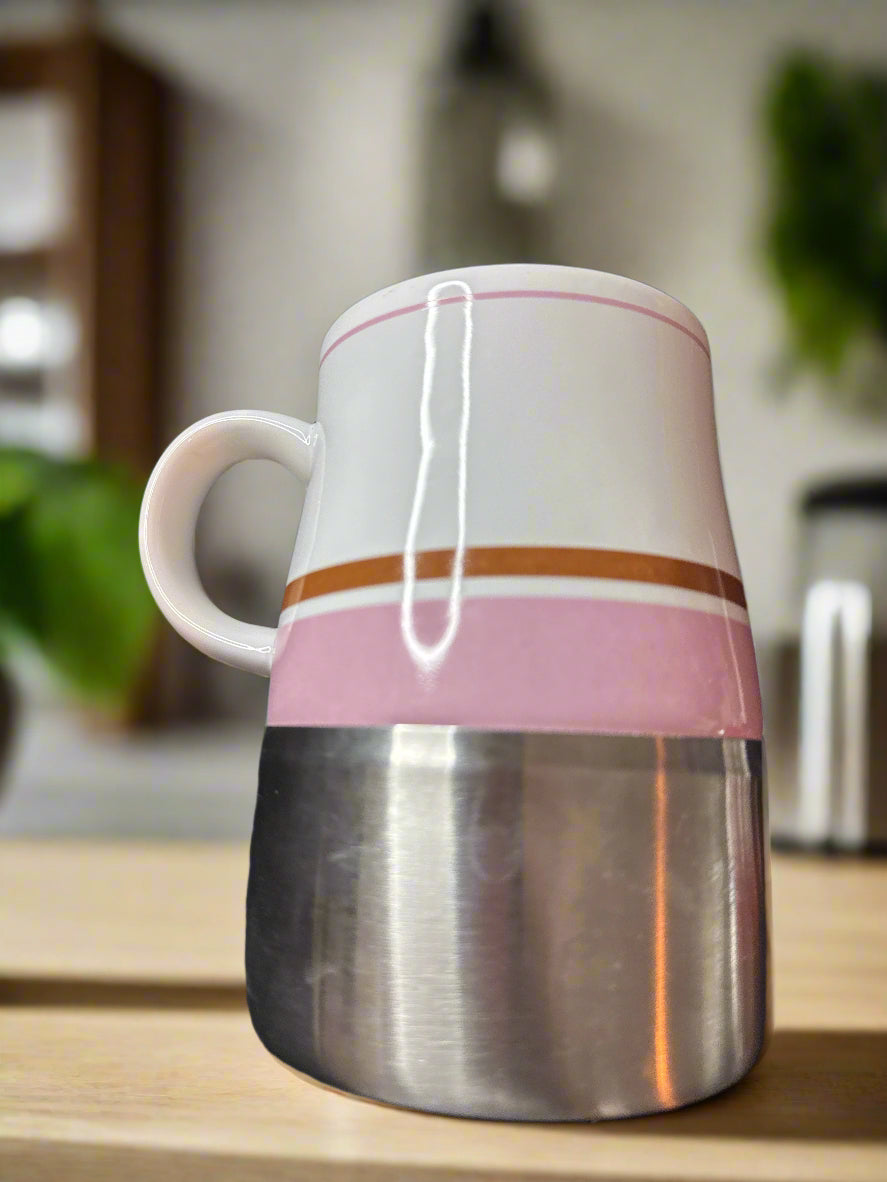Starbucks 2006 Pink & Brown Stripe Stainless Steel Bottom & Ceramic Coffee Cup Mug 5" Tall