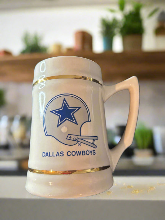 Vintage Early 1980s Dallas Cowboys NFL Large Ceramic Mug White Gold Trim 6" Tall