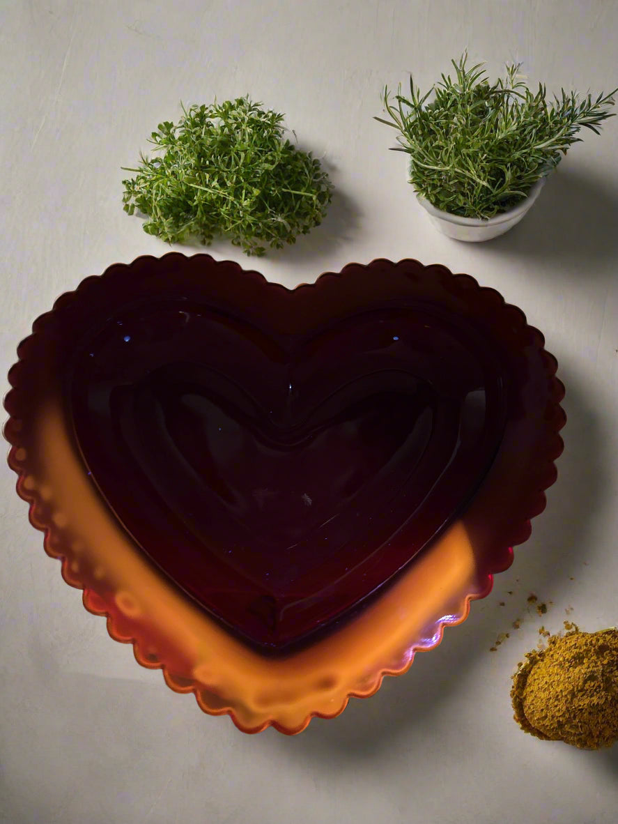 Hallmark Decorative Red Heart Glass Trinket Dish - Glows Amberina Color Under UV Light