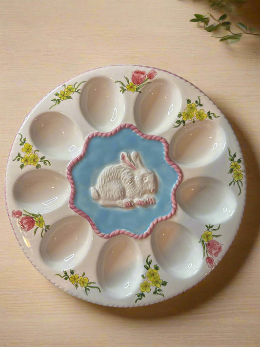 Easter Egg Deviled Egg Dish Holds 9 Hand Painted 10.25" Wide. Pink/White/Blue Floral