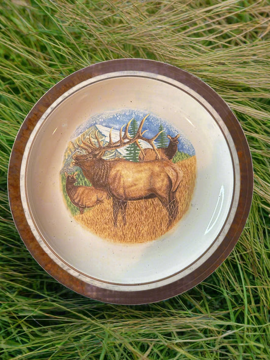 Bugling Elk by Folkcraft 11" Dinner Plate Brown Speckled Stoneware Currently have 3 in Stock