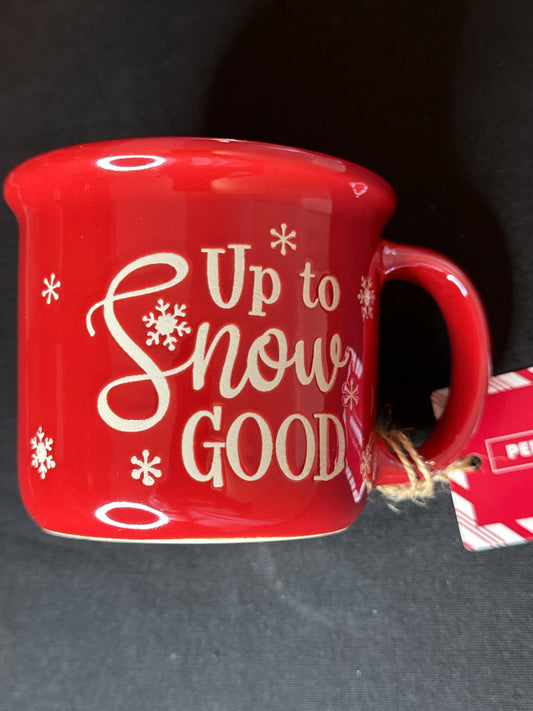 Up to Snow Good Red Ceramic Camp Mug 12oz 3.75" Tall 4" Wide Glossy Texture New