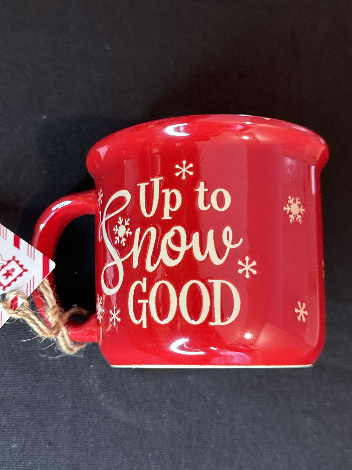 Up to Snow Good Red Ceramic Camp Mug 12oz 3.75" Tall 4" Wide Glossy Texture New