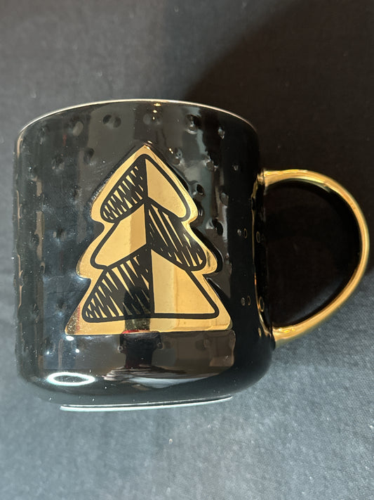 Gold & Black Christmas Tree Bumpy Coffee Mug White Interior Gold Handle New Inventory