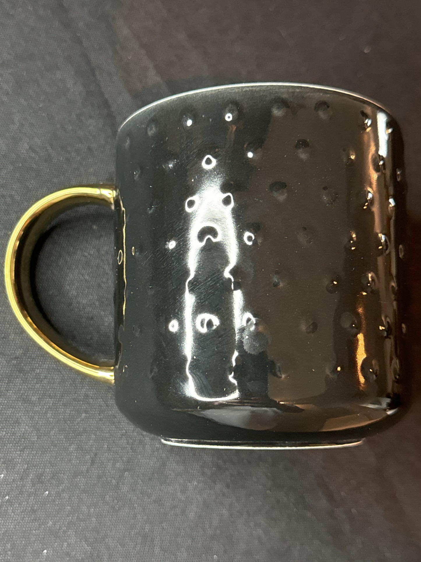 Gold & Black Christmas Tree Bumpy Coffee Mug White Interior Gold Handle New Inventory