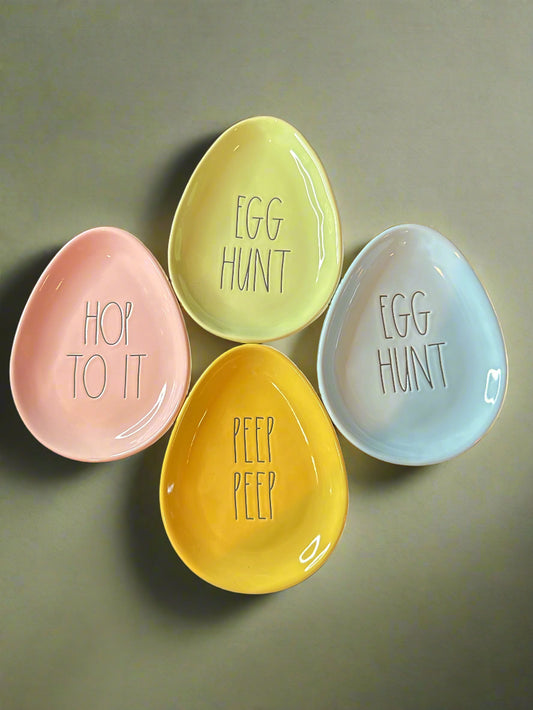 Set of 4 Rae Dunn Colored Easter Egg Plates Egg Hunt Peep Peep Hop To It! New 6" x 8"