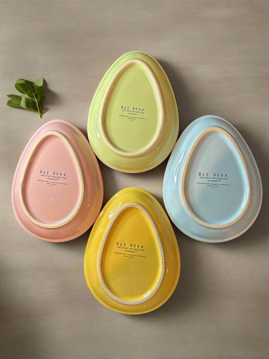 Set of 4 Rae Dunn Colored Easter Egg Plates Egg Hunt Peep Peep Hop To It! New 6" x 8"